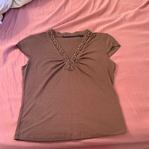 Brown V-Neck Embellished Women's Top